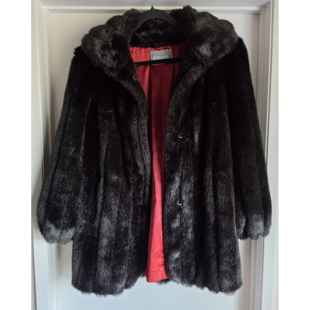 Jordache Women's Size 6 Black Formal Faux Fur Coat Long Sleeve Collared Vintage